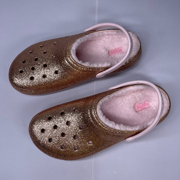 CROCS Shoes Crocs Big Kids Size J6 Classic Pink Gold Glitter Sherpa